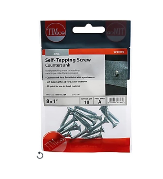Timco Self-Tapping Screws - PZ - Countersunk - Zinc 8 x 1in - PK18 - 00081CCAZP