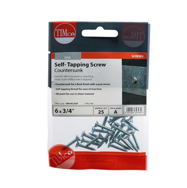 Timco Self-Tapping Screws - PZ - Countersunk - Zinc 6 x 3/4in - PK25 - 00634CCAZP