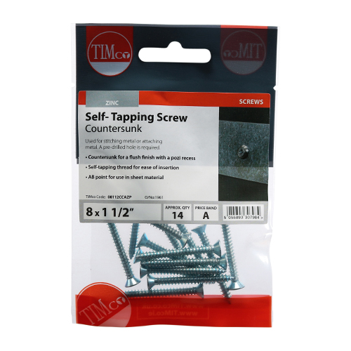 Timco Self-Tapping Screws - PZ - Countersunk - Zinc 8 x 1 1/2in - PK14 - 08112CCAZP