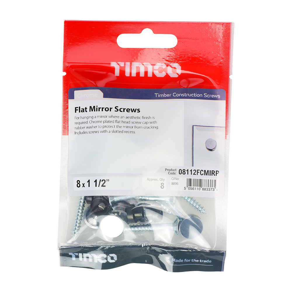 Timco Mirror Screw Flat Chrome 8 x 1 1/2in (Pk8)