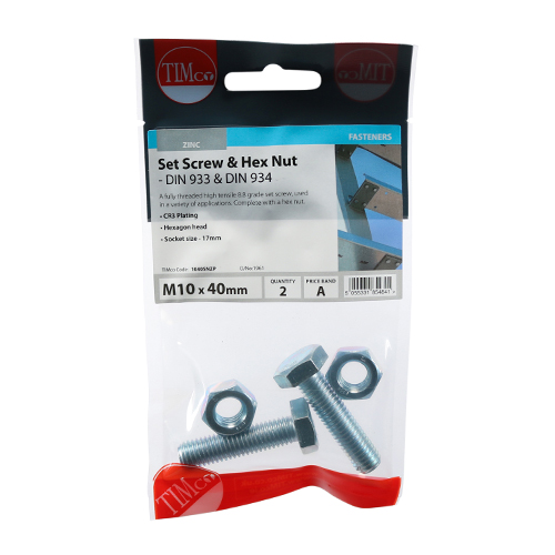 Timco Set Screw Bolt &amp; Hex Nut BZP - M10 x 40mm - PK2 - 1040SNZP