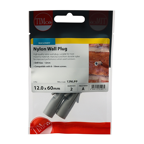 Timco Nylon Wall Plug Rimless M12 x 60mm - PK2