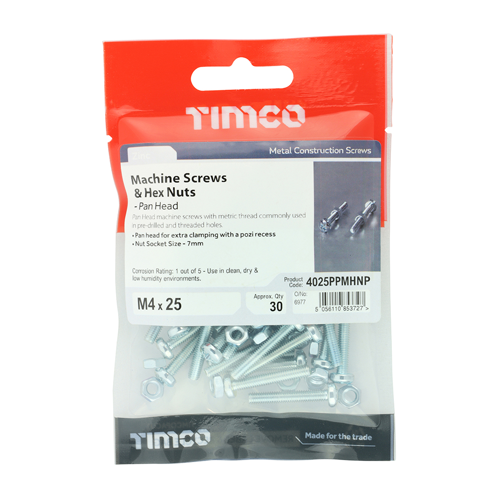 Timco Machine Screw &amp; Nuts - Pan Head - M4 x 25mm - PK30 - 4025PPMHNP