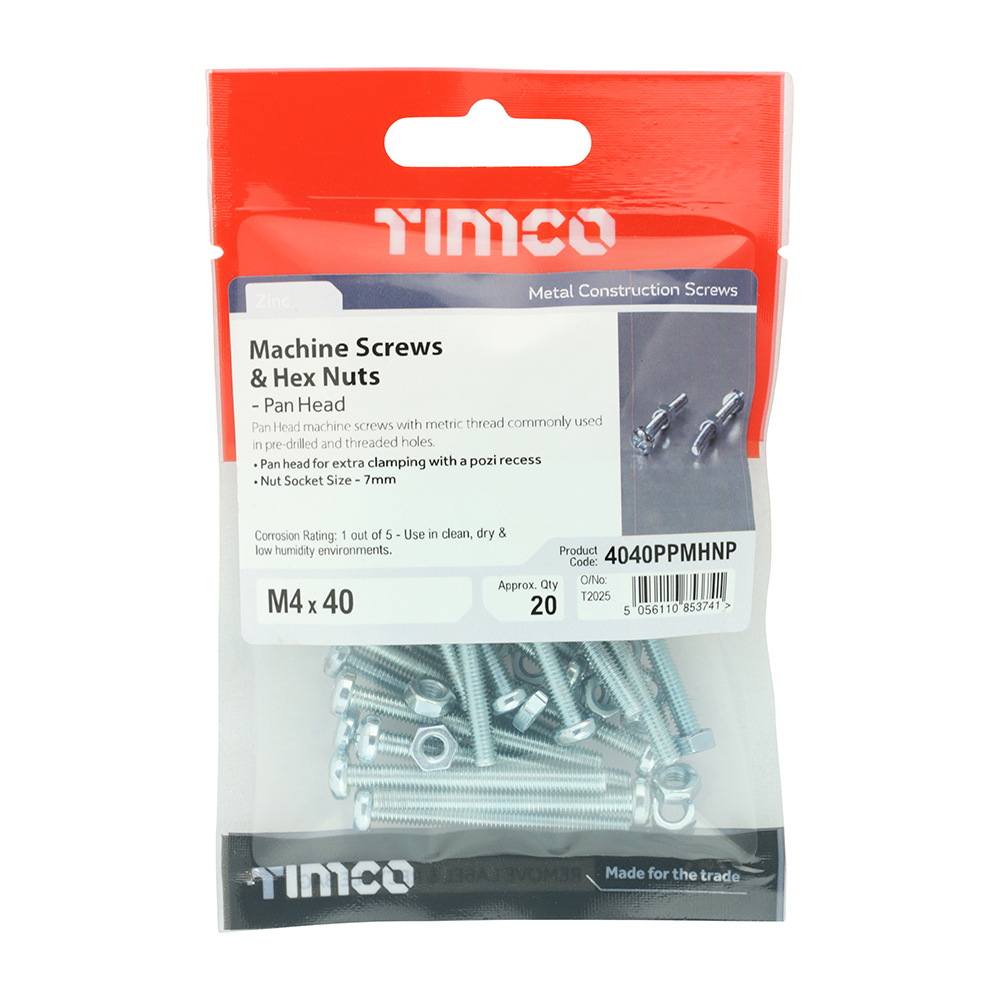 Timco Machine Screw &amp; Nuts - Pan Head - M4 x 40mm - PK20 - 4040PPMHNP
