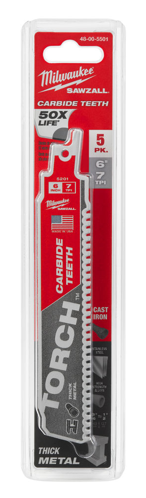 Milwaukee Sawzall Blade - 150mm Torch Carbide Blades - 5 Piece - 48005501