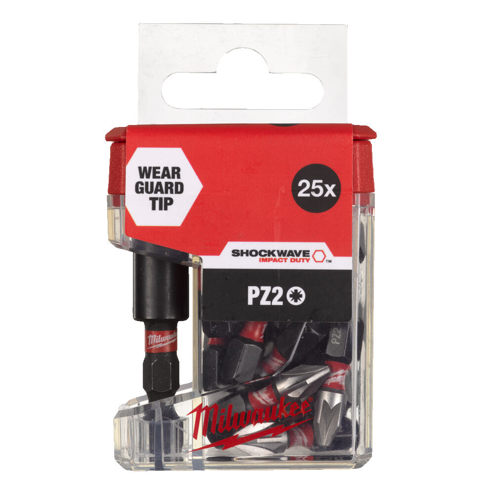 Milwaukee Shockwave PZ2 x 25mm Screwdriver Bits & Bit Holder (Pack of 25)