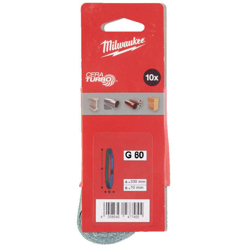 Milwaukee 4932492875 10pc Band File Sand Belts - 10mm x 330mm G80