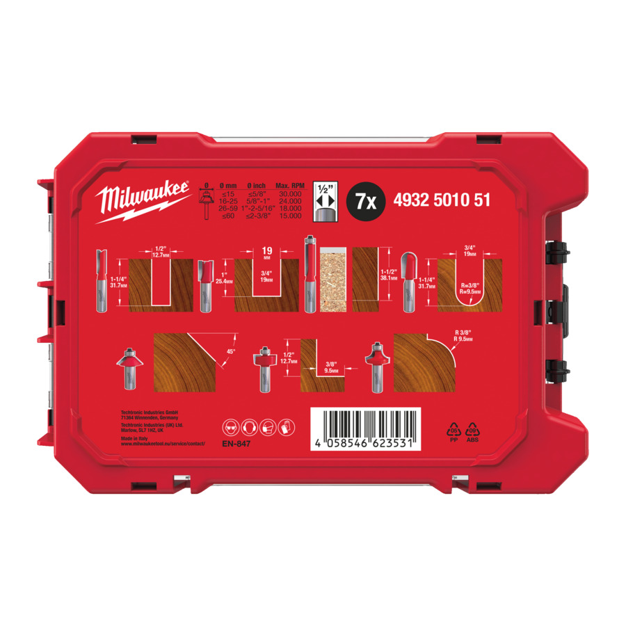 Milwaukee 4932501051 7pc 1/2inch Router Bit Set