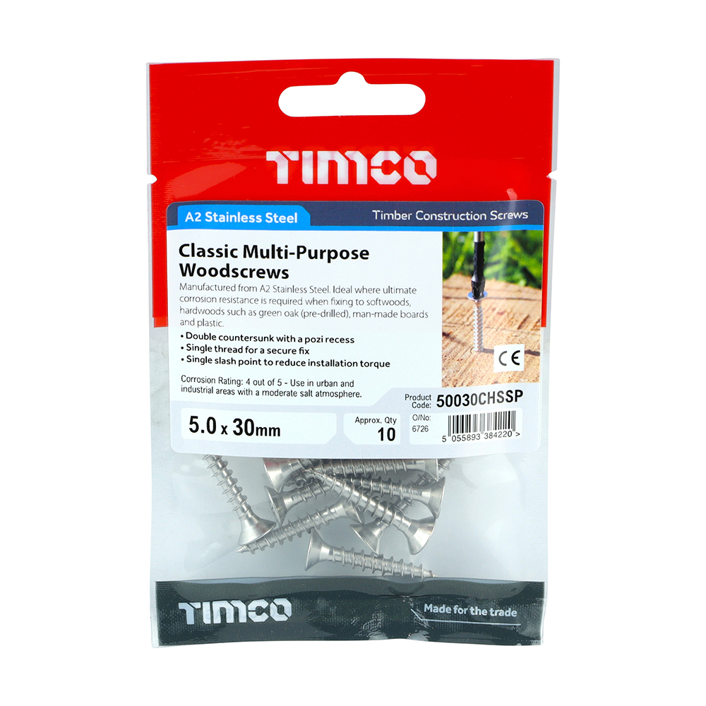 Timco Stainless Steel Woodscrew CSK - 5.0mm x 30mm - PK10 - 50030CHSSP