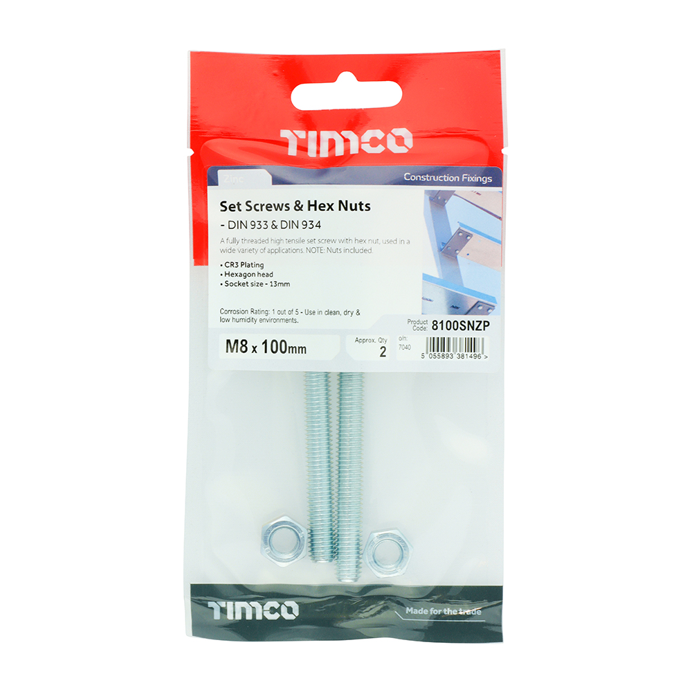 Timco Set Screw Bolt &amp; Hex Nut BZP - M8 x 100mm - PK2 - 8100SNZP