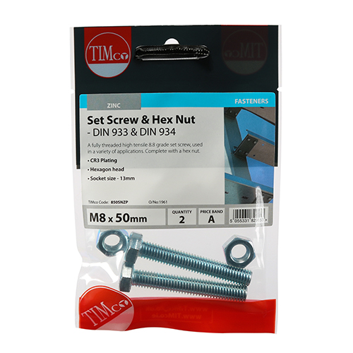 Timco Set Screw Bolt &amp; Hex Nut BZP - M8 x 50mm - PK2 - 850SNZP