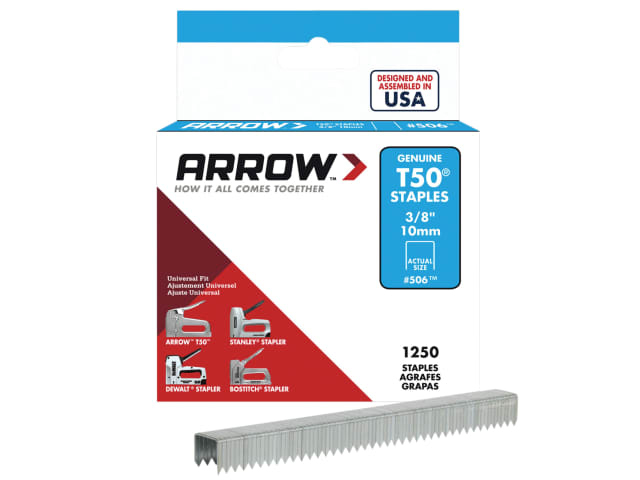 Arrow T50 Staples 10mm (3/8in) Box 1250 506 Staples T50 (Pack of 1250)