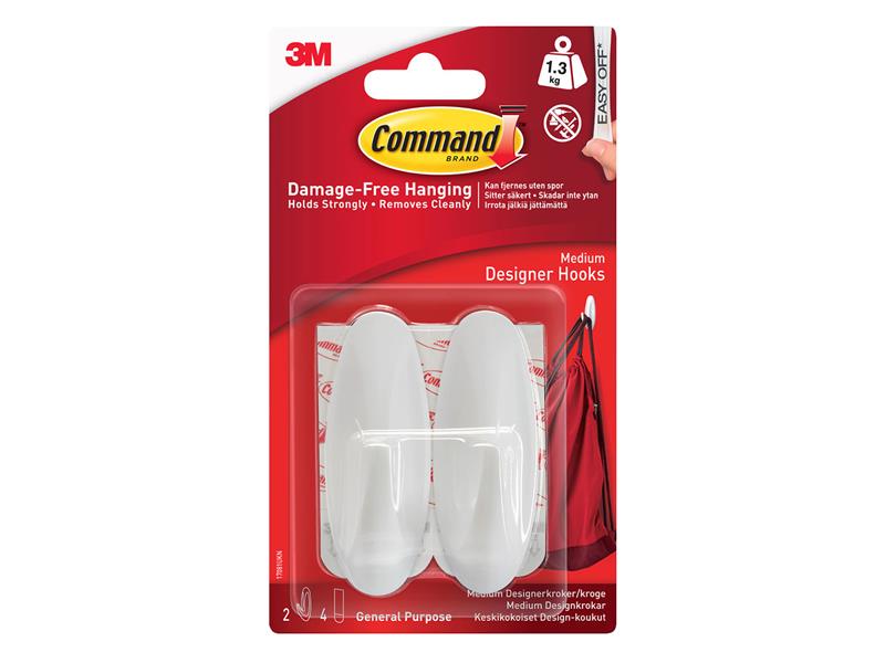Command Medium White Designer Hooks (Pack 2) COM17081