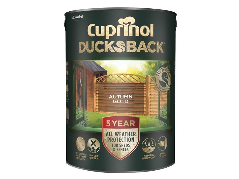 Cuprinol Ducksback 5 Year Waterproof for Sheds &amp; Fences Autumn Gold 5 litre CUPDBAG5L