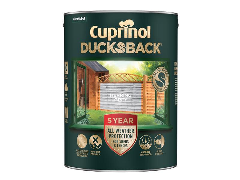 Cuprinol Ducksback 5 Year Waterproof for Sheds &amp; Fences Herring Grey 5 litre CUPDBHG5L
