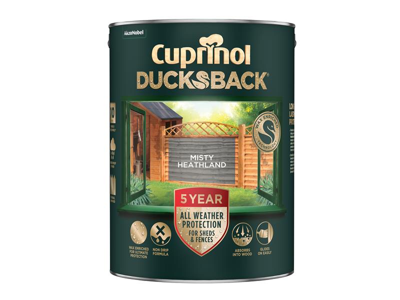 Cuprinol Ducksback 5 Year Waterproof for Sheds &amp; Fences Misty Heathland 5 litre CUPDBMH5L