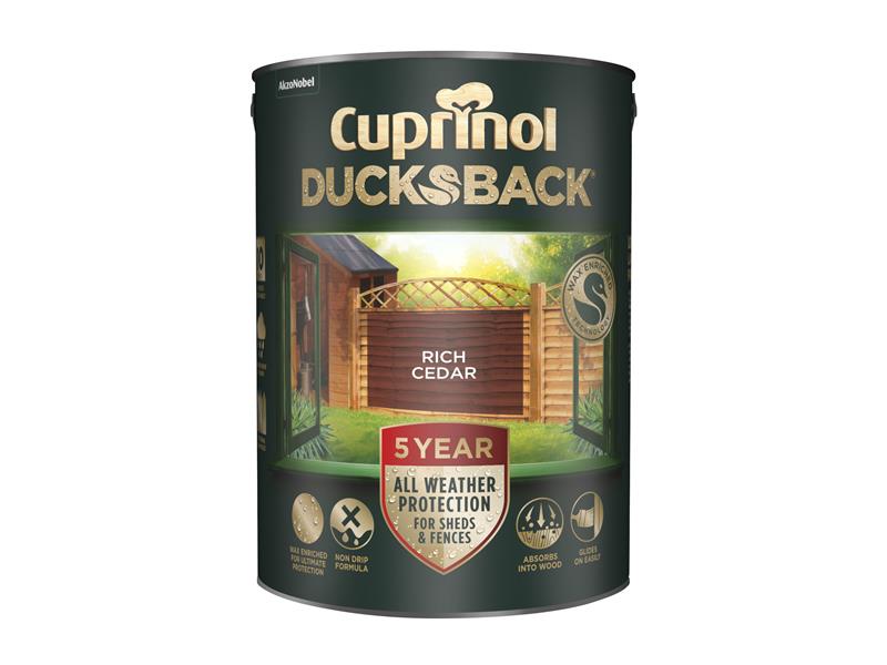 Cuprinol Ducksback 5 Year Waterproof for Sheds &amp; Fences Rich Cedar 5 litre CUPDBRC5L