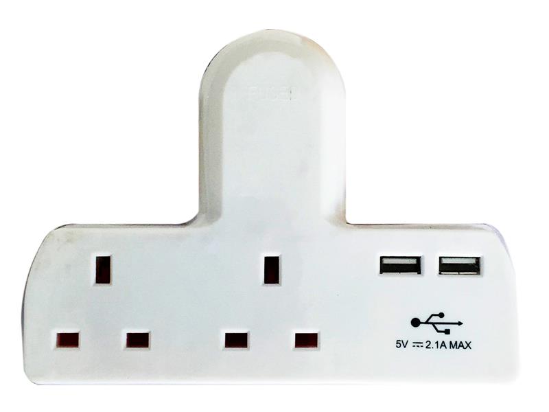 Dencon T-shape Socket 2 Way Adaptor 13A Fused with USB DCN1695