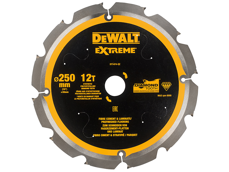 DeWALT Power Tools Extreme PCD Fibre Cement Saw Blade 250 x 30mm x 12T DEWDT1474QZ