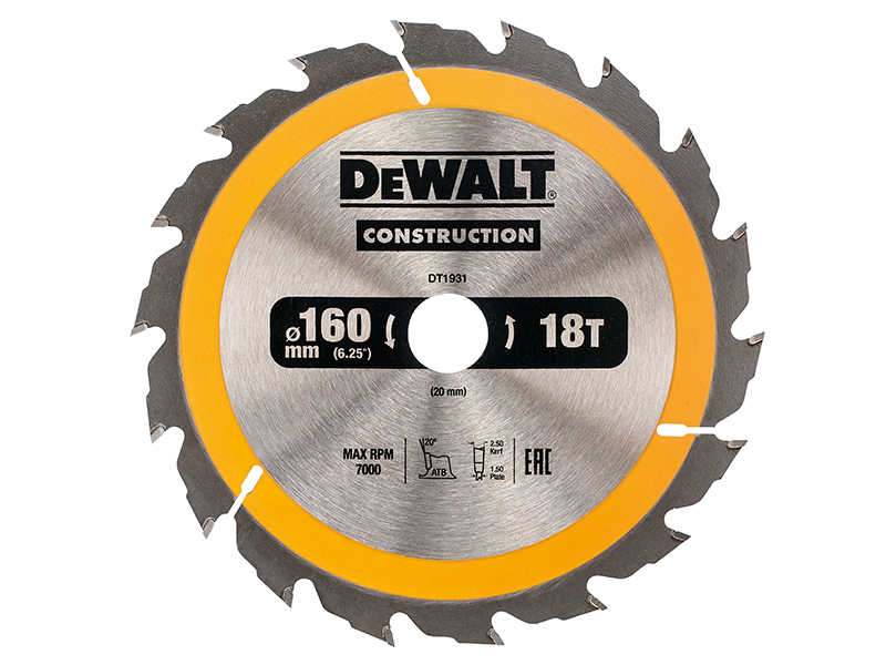 DeWALT Power Tools Portable Construction Circular Saw Blade 160 x 20mm x 18T DEWDT1931QZ