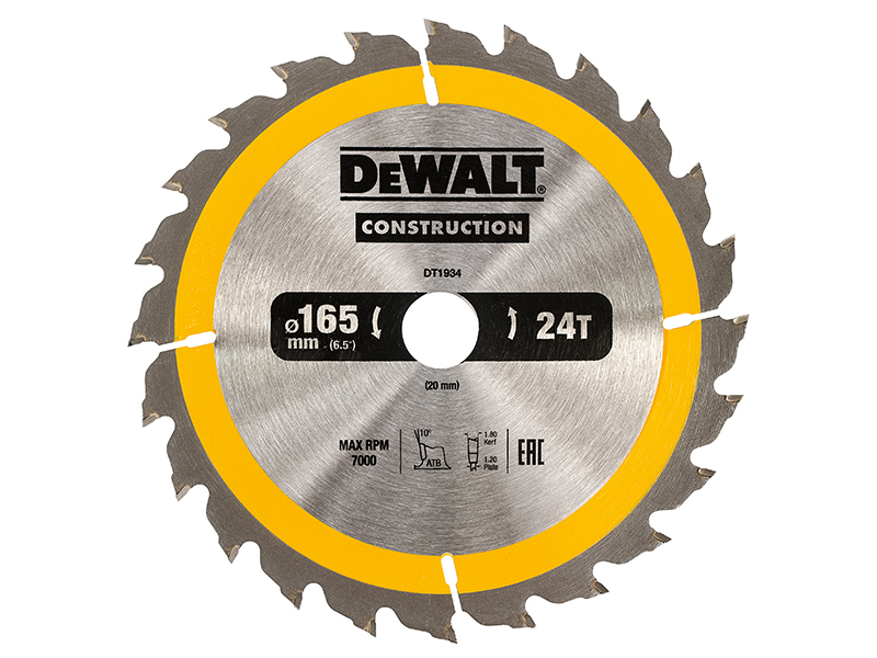 DeWALT Power Tools Portable Construction Circular Saw Blade 165 x 20mm x 24T DEWDT1934QZ