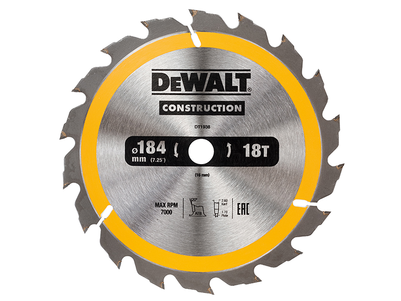 DeWALT Power Tools Portable Construction Circular Saw Blade 184 x 16mm x 18T DEWDT1938QZ