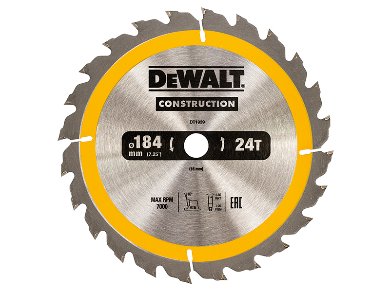 DeWALT Power Tools Portable Construction Circular Saw Blade 184 x 16mm x 24T DEWDT1939QZ