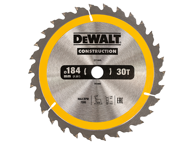 DeWALT Power Tools Portable Construction Circular Saw Blade 184 x 16mm x 30T DEWDT1940QZ