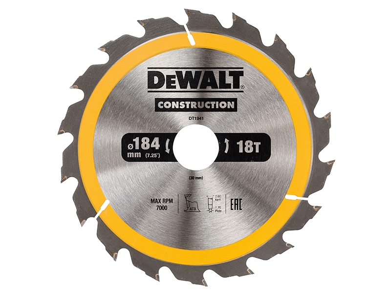 DeWALT Power Tools Portable Construction Circular Saw Blade 184 x 30mm x 18T DEWDT1941QZ