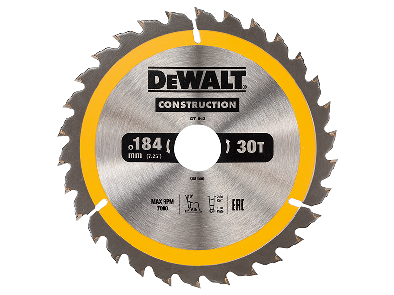 DeWALT Power Tools Portable Construction Circular Saw Blade 184 x 30mm x 30T DEWDT1942QZ