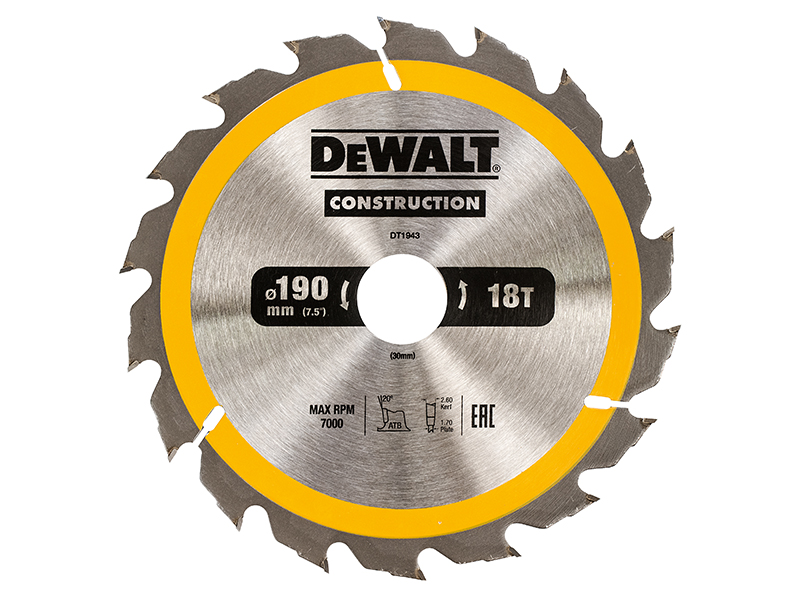 DeWALT Power Tools Portable Construction Circular Saw Blade 190 x 30mm x 18T DEWDT1943QZ