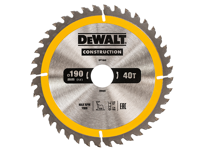 DeWALT Power Tools Portable Construction Circular Saw Blade 190 x 30mm x 40T DEWDT1945QZ