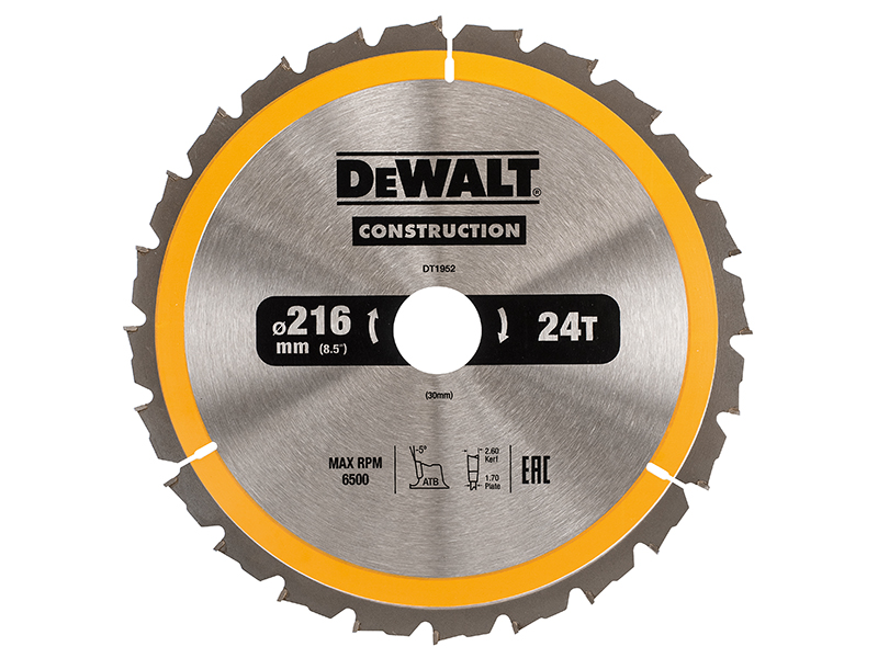 DeWALT Power Tools Stationary Construction Circular Saw Blade 216 x 30mm x 24T ATB/Neg DEWDT1952QZ