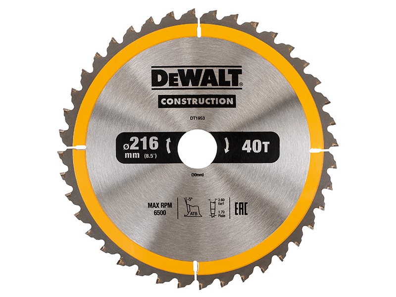 Dewalt Construction Circular Saw Blade 216mm x 30mm x 40 Teeth ATB/Neg