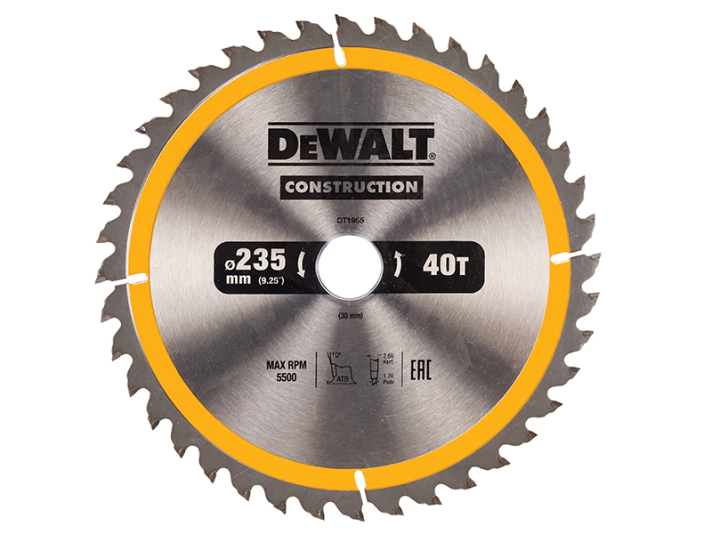DeWALT Power Tools Portable Construction Circular Saw Blade 235 x 30mm x 40T DEWDT1955QZ