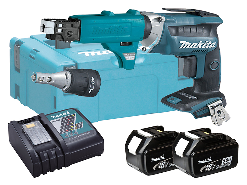 Makita DFS452F 18V Brushless Drywall Screwdriver & Collated Attachment - 5.0Ah Pack