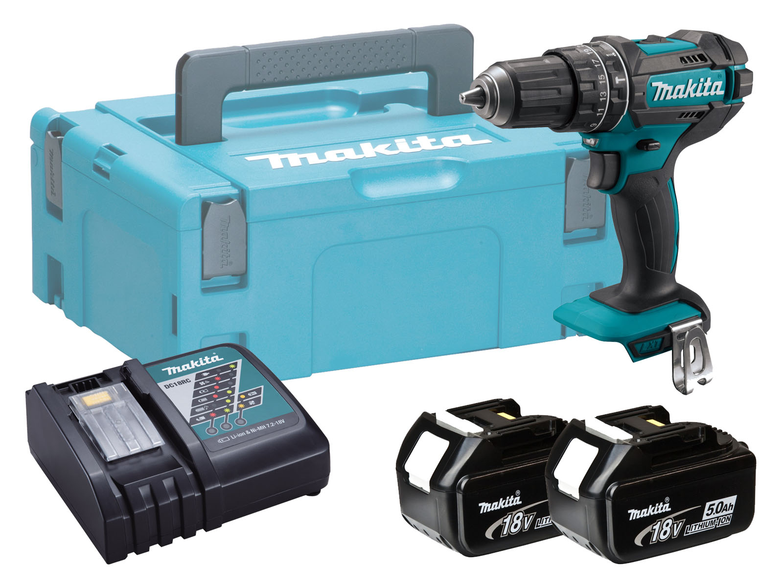 Makita DHP482 18V Combi Hammer Driver Drill Brushed - 5.0Ah Pack