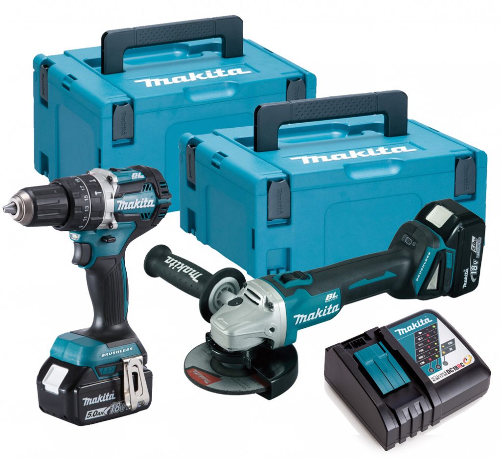 Makita 18V Brushless Combi Drill &amp; 125mm Angle Grinder - 5.0Ah Pack