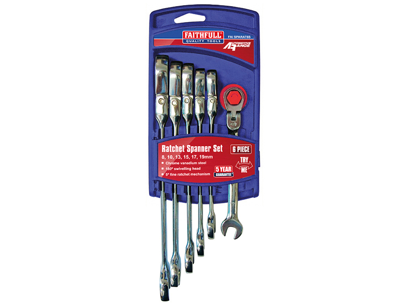 Faithfull Ratchet Combination Spanner Flex Head CV Set 6 Piece