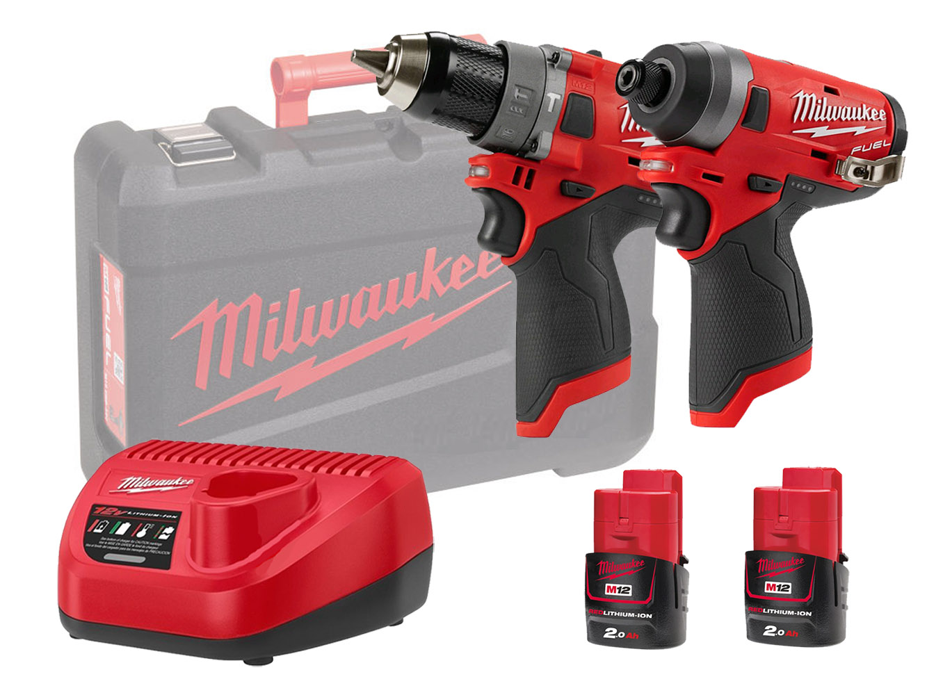 Milwaukee M12FPP2A 12V Fuel M12FID Impact Driver &amp; M12FPD Combi Drill Twin Pack - 2.0Ah Kit