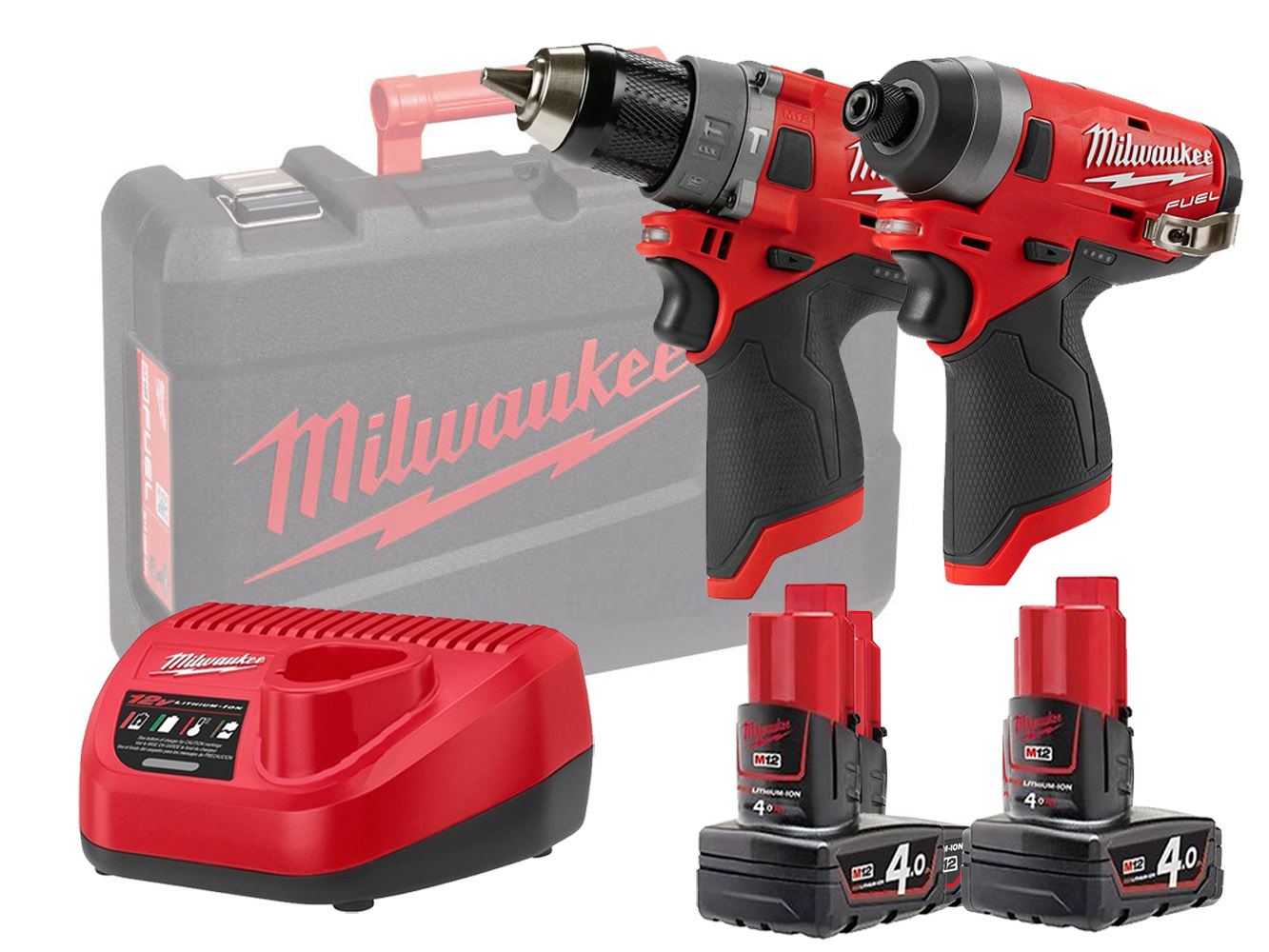 Milwaukee M12FPP2A 12V Fuel M12FID Impact Driver &amp; M12FPD Combi Drill Twin Pack - 4.0Ah Kit