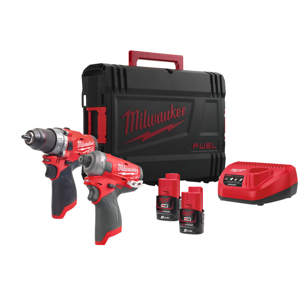 Milwaukee M12FPP2AQ-202 x - 12V Fuel Combi &amp; 12V Surge Impact Driver - 2.0Ah Pack