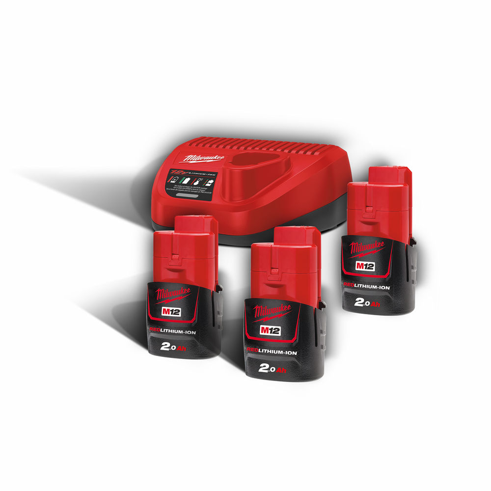 Milwaukee M12NRG-203 M12B2 12V 2.0Ah Lithium-Ion Batteries (X3) &amp; C12C Charger Pack