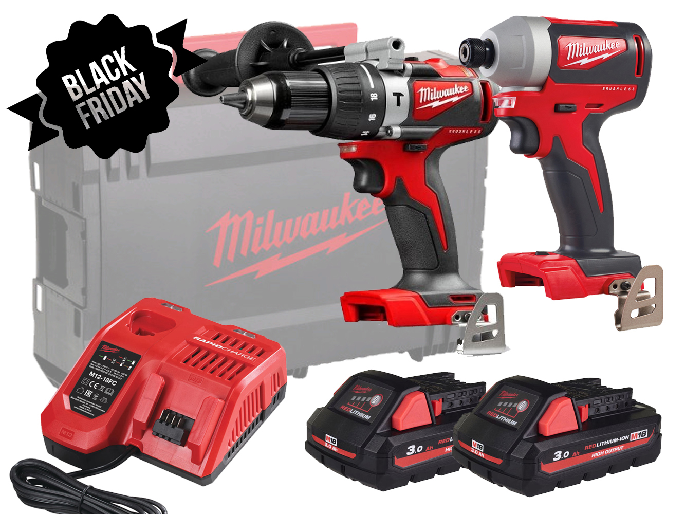 Milwaukee Gen 2 Brushless Heavy-Duty Combi &amp; Impact Twin Pack - 3.0ah Pack