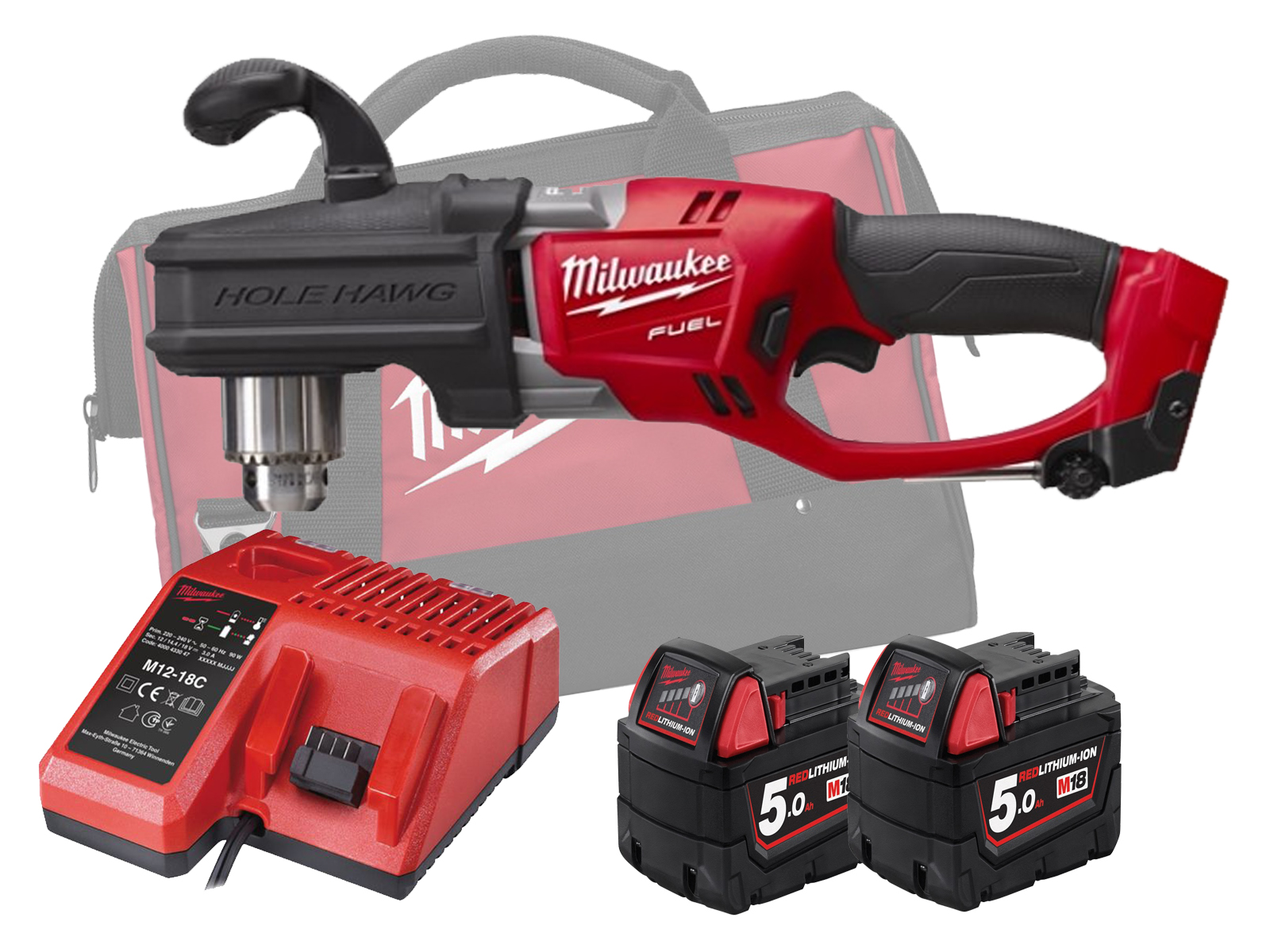 Milwaukee M18CRAD2 18V Fuel Brushless Hole Hawg Right Angle Drill - 5.0Ah Pack