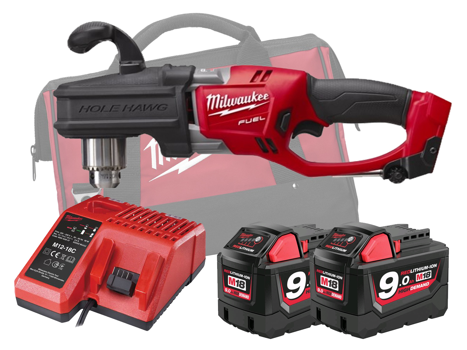 Milwaukee M18CRAD2 18V Fuel Brushless Hole Hawg Right Angle Drill - 9.0Ah Pack