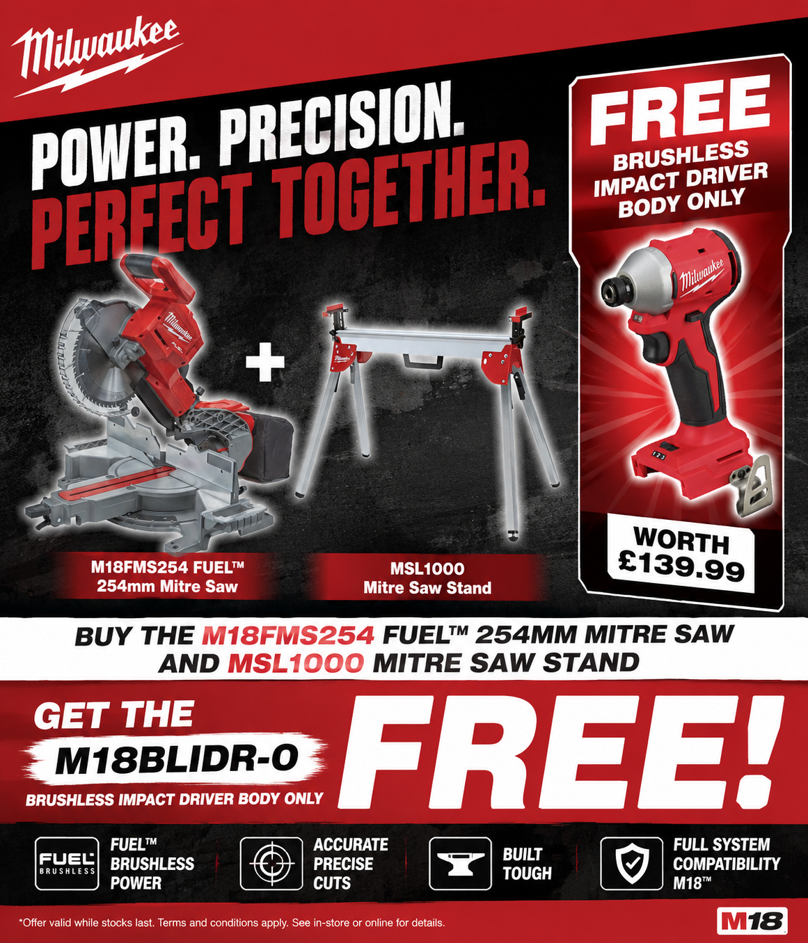 Milwaukee M18FMS254-0 18v Fuel 254mm Mitre Saw & MSL1000 Stand - Body Only