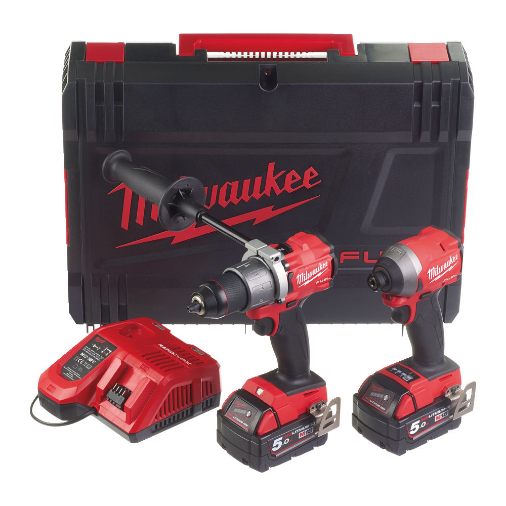 Milwaukee M18FPP2A2-502X 18V Fuel Brushless Combo Kit - M18FPD2 Combi Drill &amp; M18FID2 Impact Driver - 5.0Ah Pack