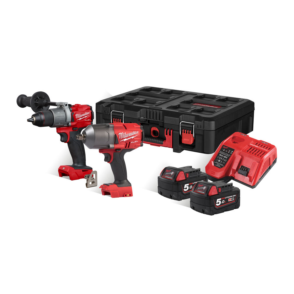 Milwaukee M18FPP2I2-502P 18V Fuel Brushless Combi &amp; Impact Wrench Pack (M18FPD2 &amp; M18FHIWF12) - 5.0Ah Packout Kit