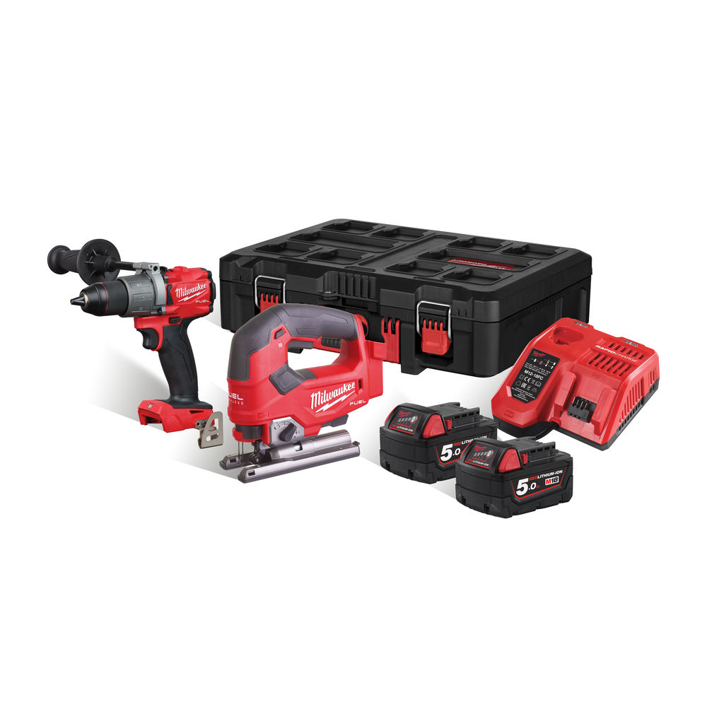 Milwaukee M18FPP2K2-502P 18V Fuel Brushless Power Pack (M18FPD2 Combi Drill &amp; M18FJS Jigsaw) - 5.0Ah Kit